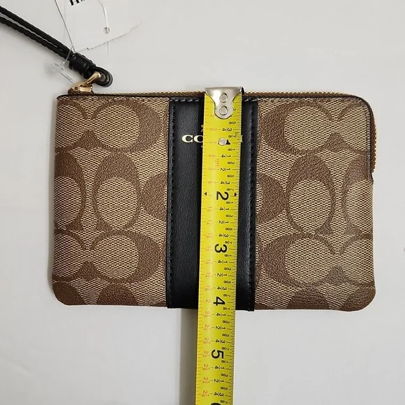 Coach Signature PVC Leather Zipper Khaki Black Small Wristlet